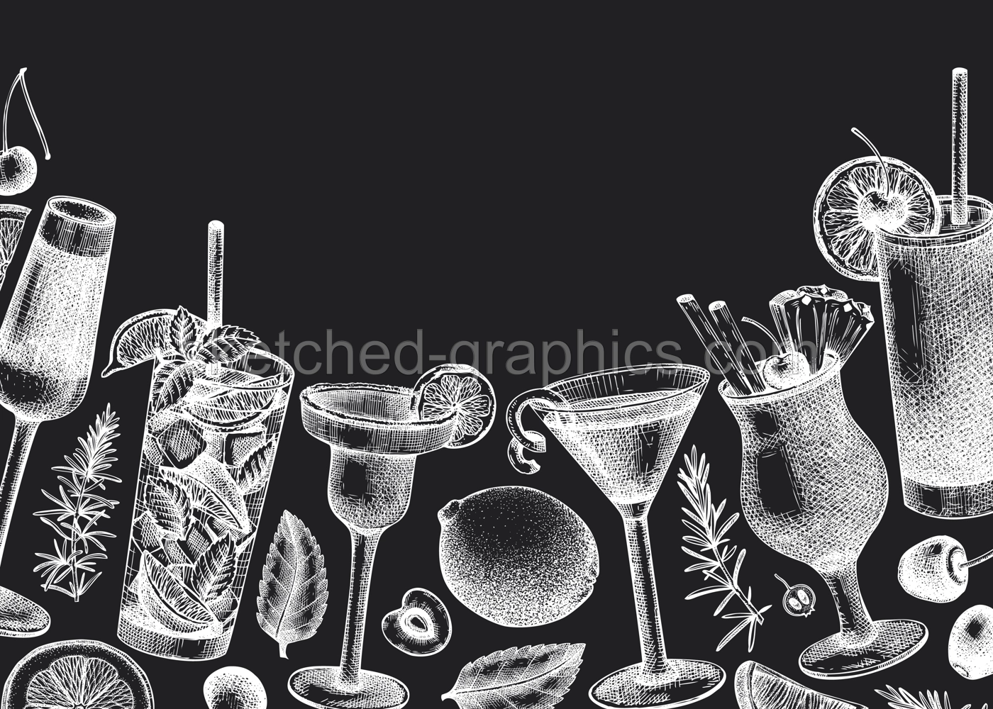 Alcoholic cocktails background on chalkboard. Glass of margarita, mojito, Pina colada, cosmopolitan, tequila sunrise design. Hand-sketched cocktails engraved drawings. Vector drinks illustration Illustration